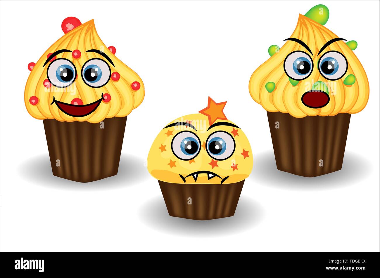 Carino e colorato stile kawaii muffin alla raccolta di emoticon che esprimono differenti emozioni e sentimenti. Illustrazione Vettoriale