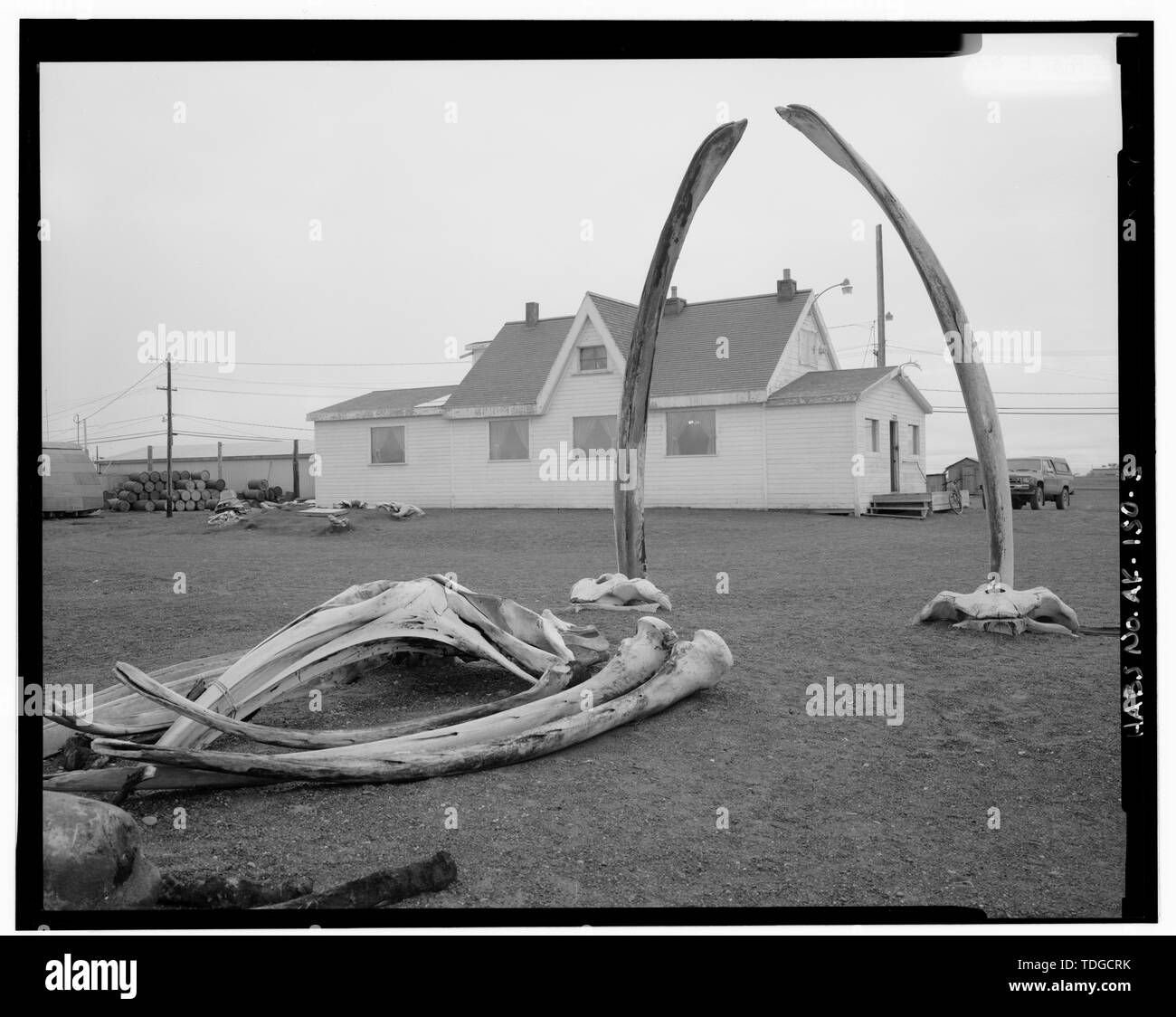 Lato nord, WHALEBONES IN PRIMO PIANO - punto Barrow stazione rifugio, edificio 3220, Browerville, Barrow, North Slope Borough, AK Foto Stock