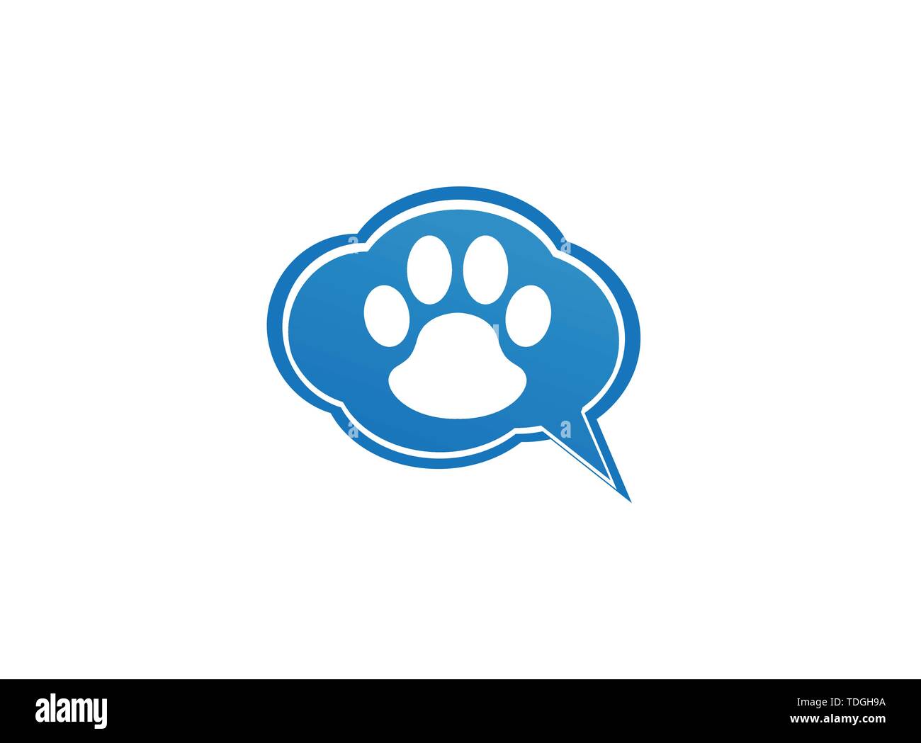 Paw all'interno di una chat icona e simbolo di impronta logo design illustrazione nella forma di conversazione testuale Illustrazione Vettoriale