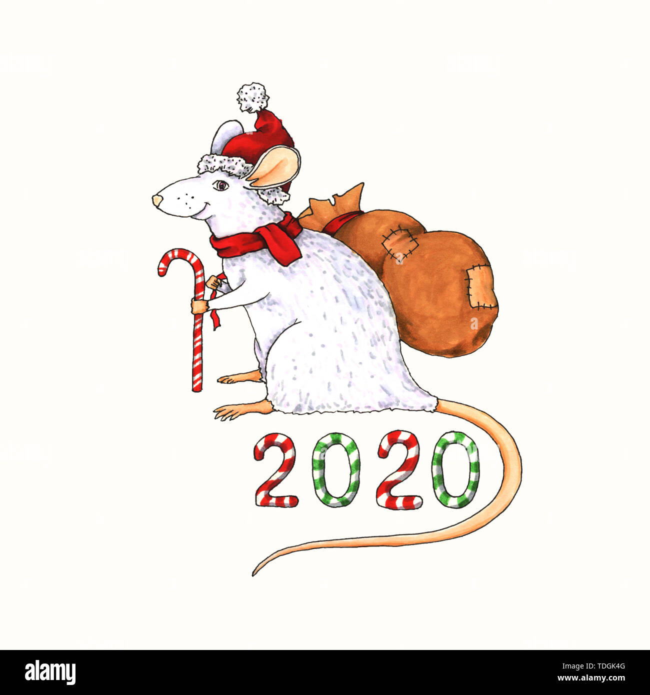 Xmas Rat in Babbi Natale di Red Hat e Babbo Natale personale. Zodiaco Cinese animale con borsa regalo e 2020 Candy Cane Lettering. Vacanze di Natale illustrazione isolato Foto Stock