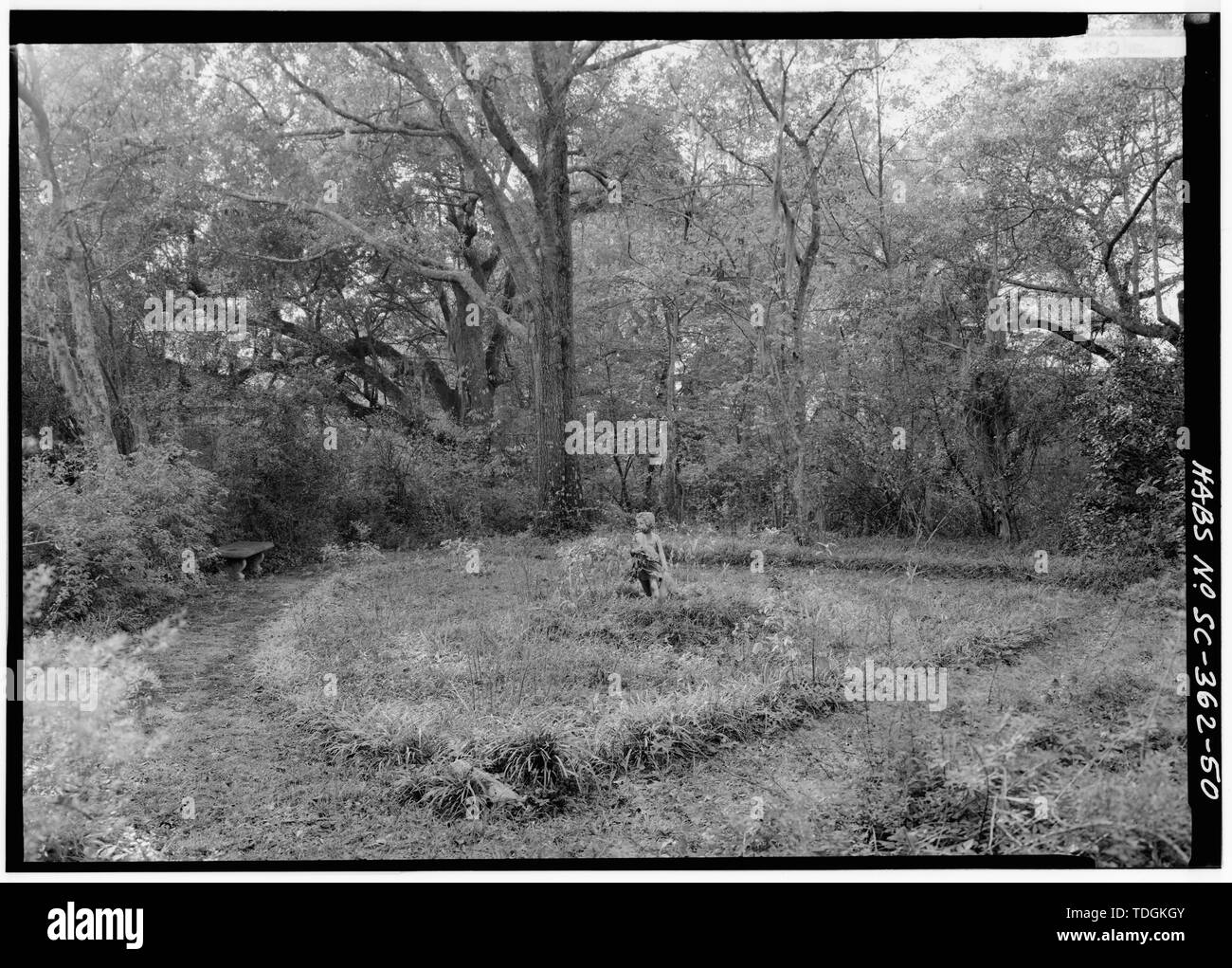 Novembre 1986. Vista generale del Vittoriano GIARDINO ROCKERY (tra la casa principale e la tessitura casa) - Casa di Borough, sul lato ovest della Strada Statale Route 261, circa 1 miglio a sud lato di giunzione con il vecchio Garners Ferry Road, Stateburg, Sumter County, SC; Cornwallis; Greene; Cary, Brian, trasmettitore; prezzo, Virginia B, trasmettitore Foto Stock