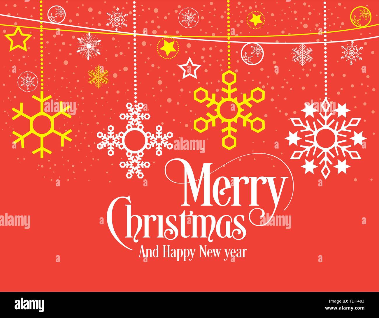 Buon Natale e Felice Anno Nuovo errori tipografici decorate con Star, il simbolo del fiocco di neve in sfondo rosso. Buon Natale illustrazione vettoriale. Illustrazione Vettoriale