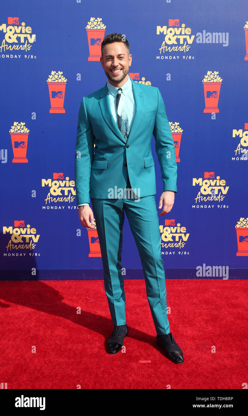 SANTA MONICA, CA - Giugno15: Zachary Levi, al 2019 MTV Movie & TV Awards sponsorizzato da M&M's, MTN rugiada, Taco Bell® e verità a Barker Hangar di Santa Monica, in California, il 15 giugno 2019. Credito: Faye Sadou/MediaPunch Foto Stock