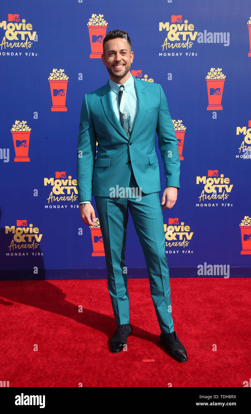SANTA MONICA, CA - Giugno15: Zachary Levi, al 2019 MTV Movie & TV Awards sponsorizzato da M&M's, MTN rugiada, Taco Bell® e verità a Barker Hangar di Santa Monica, in California, il 15 giugno 2019. Credito: Faye Sadou/MediaPunch Foto Stock