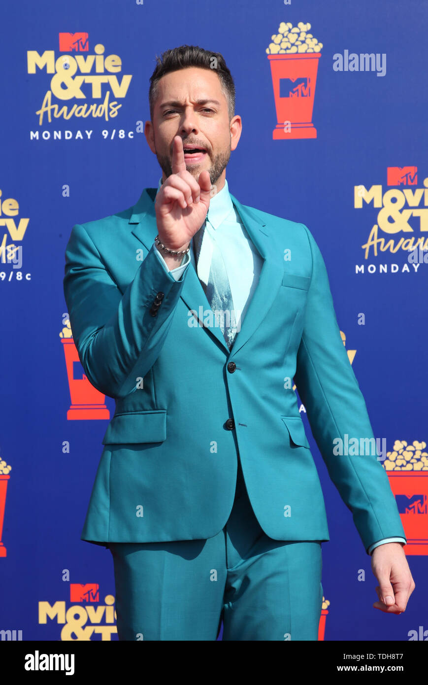 SANTA MONICA, CA - Giugno15: Zachary Levi, al 2019 MTV Movie & TV Awards sponsorizzato da M&M's, MTN rugiada, Taco Bell® e verità a Barker Hangar di Santa Monica, in California, il 15 giugno 2019. Credito: Faye Sadou/MediaPunch Foto Stock
