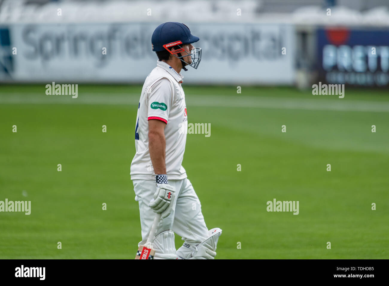 Chelmsford, Regno Unito. 16 Giugno, 2019. Alastair Cook di Essex Cricket Club guarda deluso dopo los il suo paletto a Alsop di Hampshire Cricket Club, palla da Fuller del Hampshire di Cricket Club durante la contea Specsavers gara di campionato: Essex vs Hampshire a Chelmsford Cricket Ground di Domenica, 16 giugno 2019 a Chelmsford in Inghilterra. (Solo uso editoriale, è richiesta una licenza per uso commerciale. Nessun uso in scommesse, giochi o un singolo giocatore/club/league pubblicazioni.) Credito: Taka G Wu/Alamy Live News Foto Stock