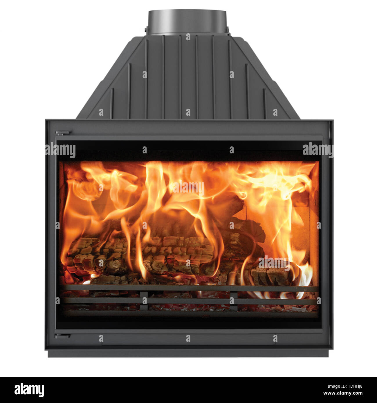 Nero Burning moderno camino isolato su sfondo bianco. Foto Stock
