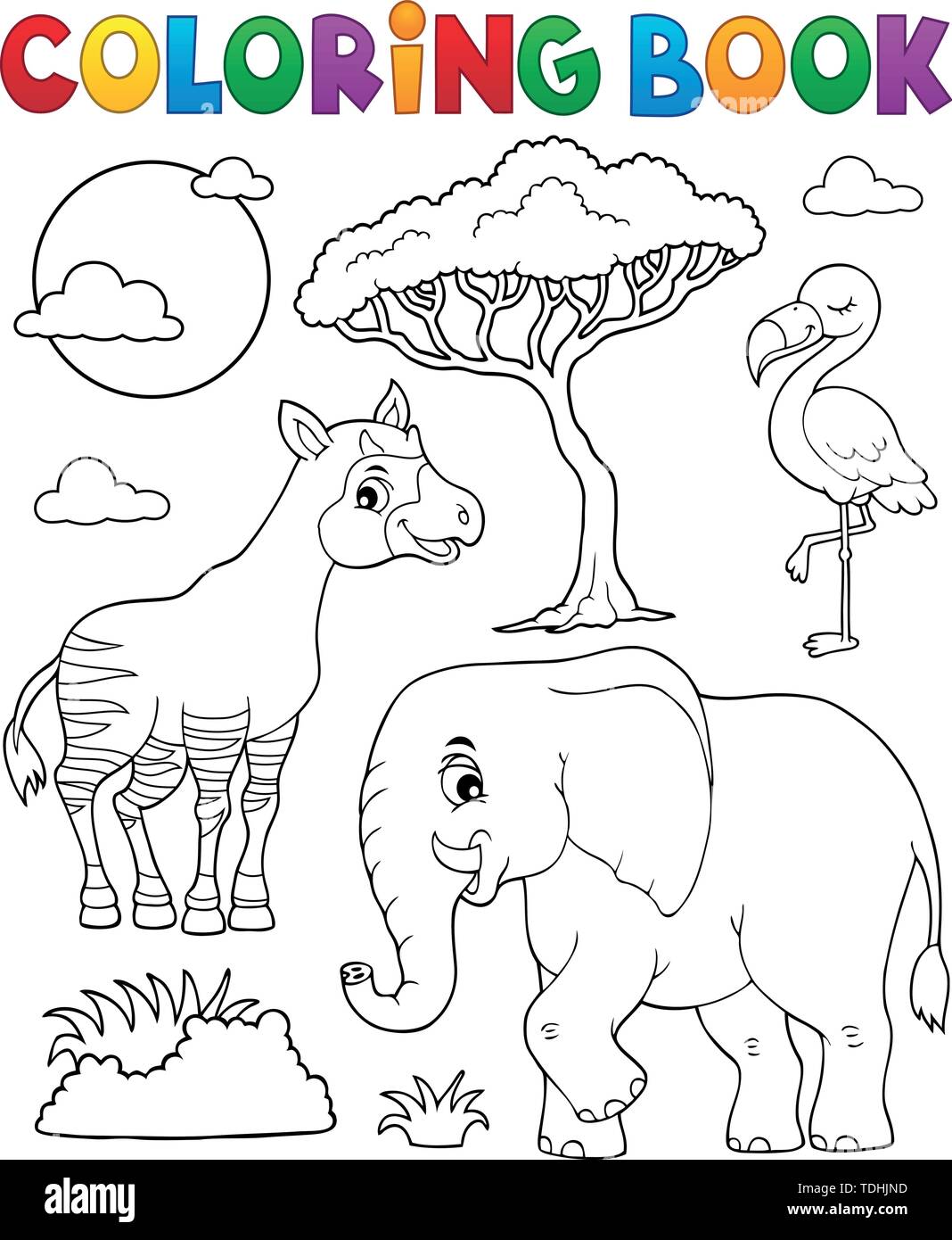 Libro da colorare natura africana tema 6 - eps10 illustrazione vettoriale. Illustrazione Vettoriale