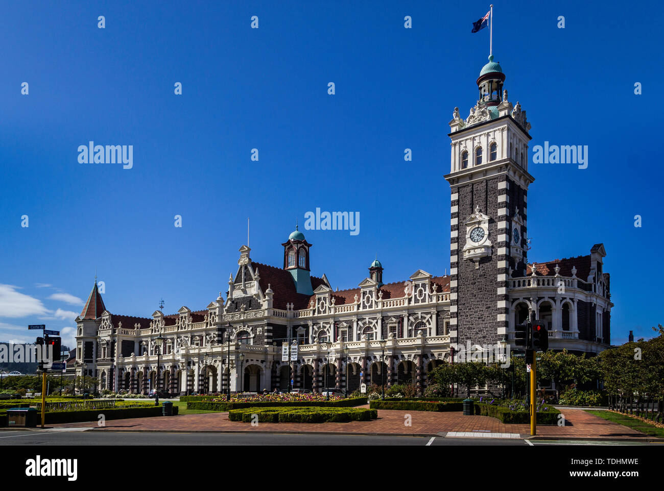 Gli ornati stazione ferroviaria a Dunedin, South Island, in Nuova Zelanda il 15 marzo 2012 Foto Stock