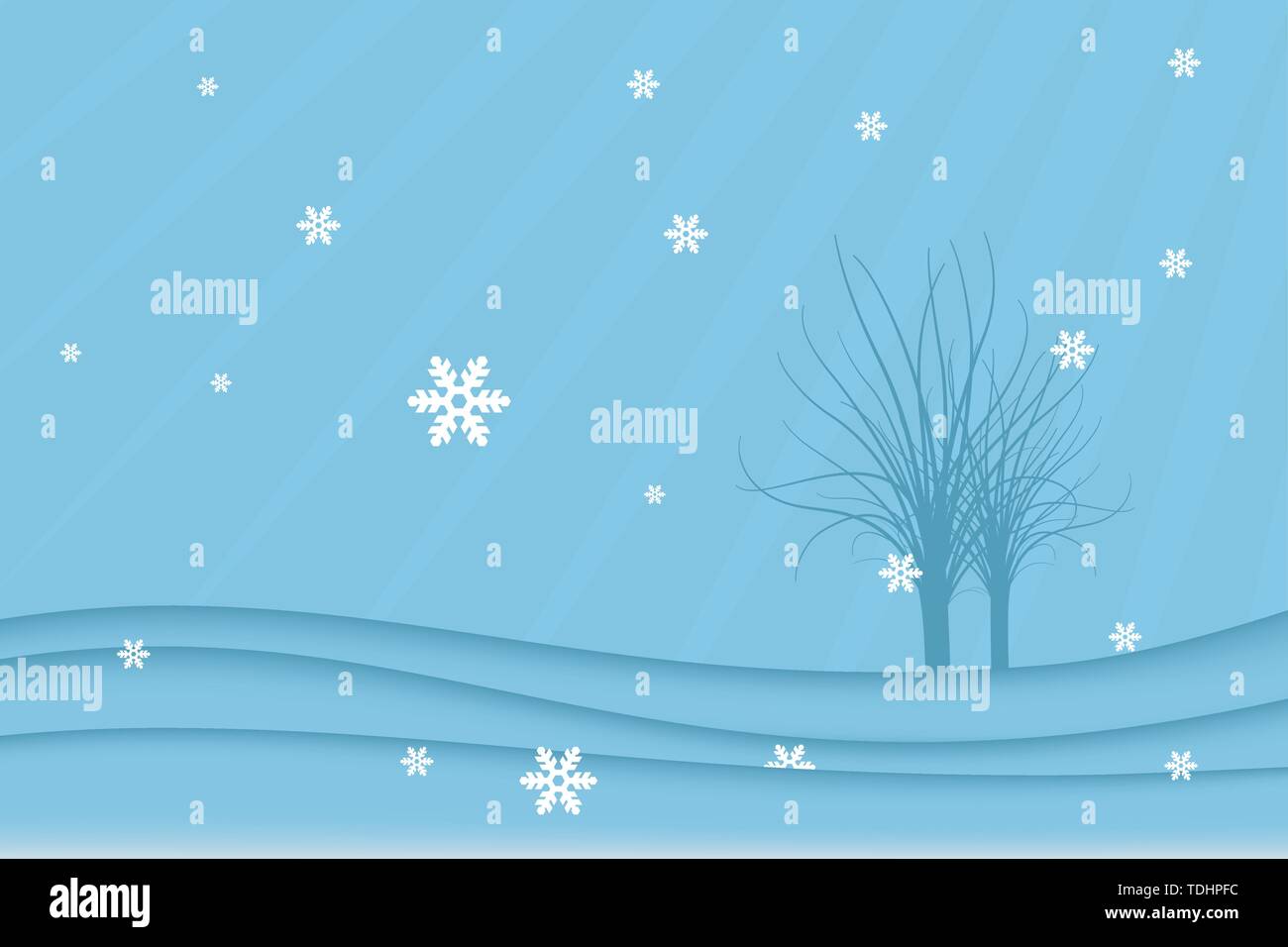 In inverno il vettore di sfondo . Paesaggio con alberi e fiocchi di neve. Illustrazione Vettoriale