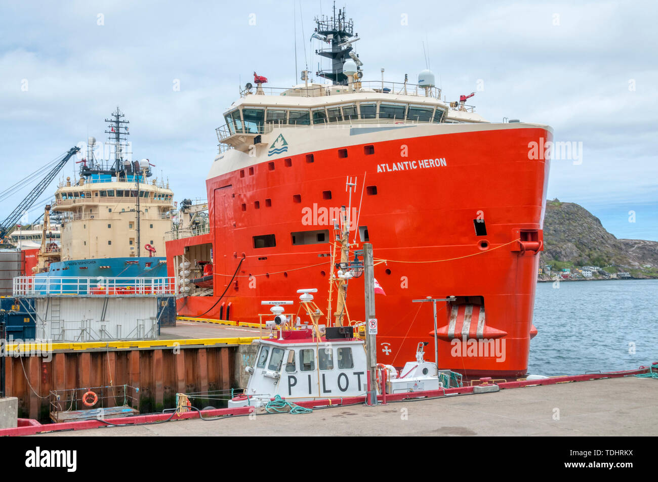 L'alimentazione offshore Nave Atlantic Heron nel porto di San Giovanni, Terranova, con un pilota di barca. Foto Stock