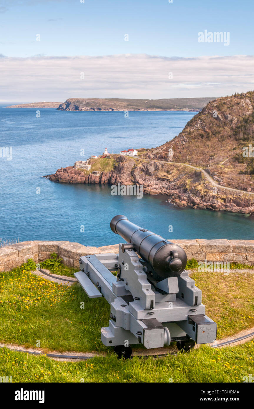 Il cannone a batteria sulla Signal Hill, St John's, affacciato sul si restringe all'entrata del porto e Fort Amherst. Foto Stock