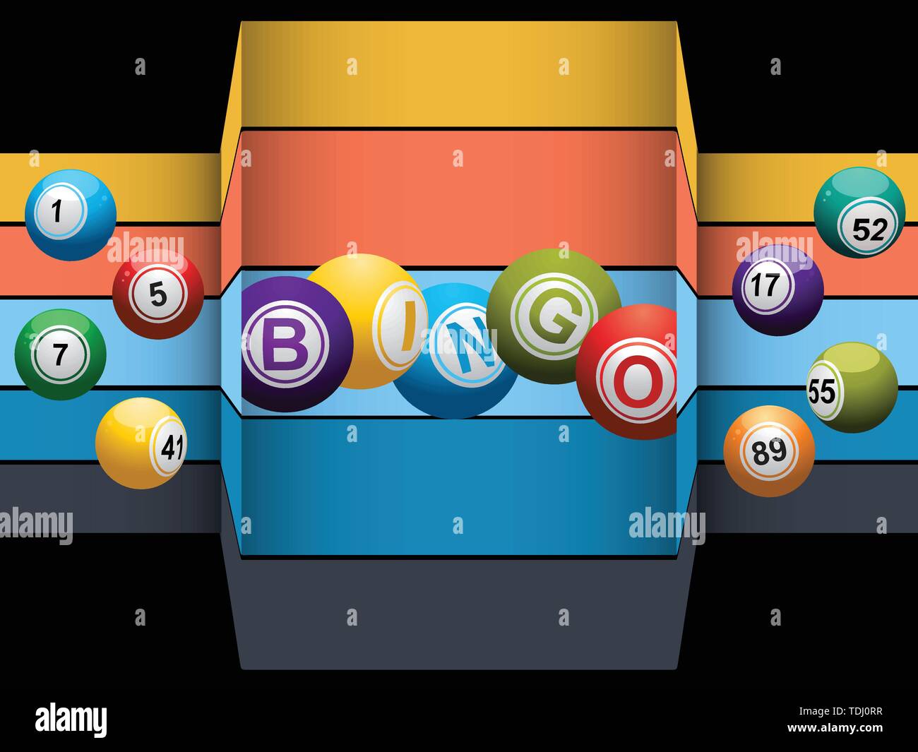 Le sfere di bingo e Bingo sfere indicando la parola Bingo oltre a strisce astratto e sfondo nero Illustrazione Vettoriale