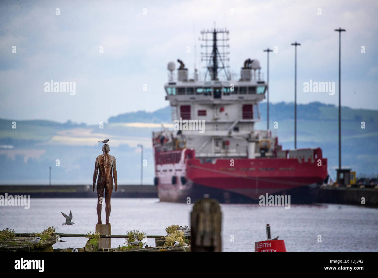 "Leith Docks Man' uno di sei dimensioni reali figure di ferro per artista Antony Gormley che fa parte dell'installazione '6 volte' che segna un percorso acquatico lungo Edimburgo di acqua di Leith dallo Scottish Galleria Nazionale di Arte Moderna a mare a Leith Docks. Foto Stock