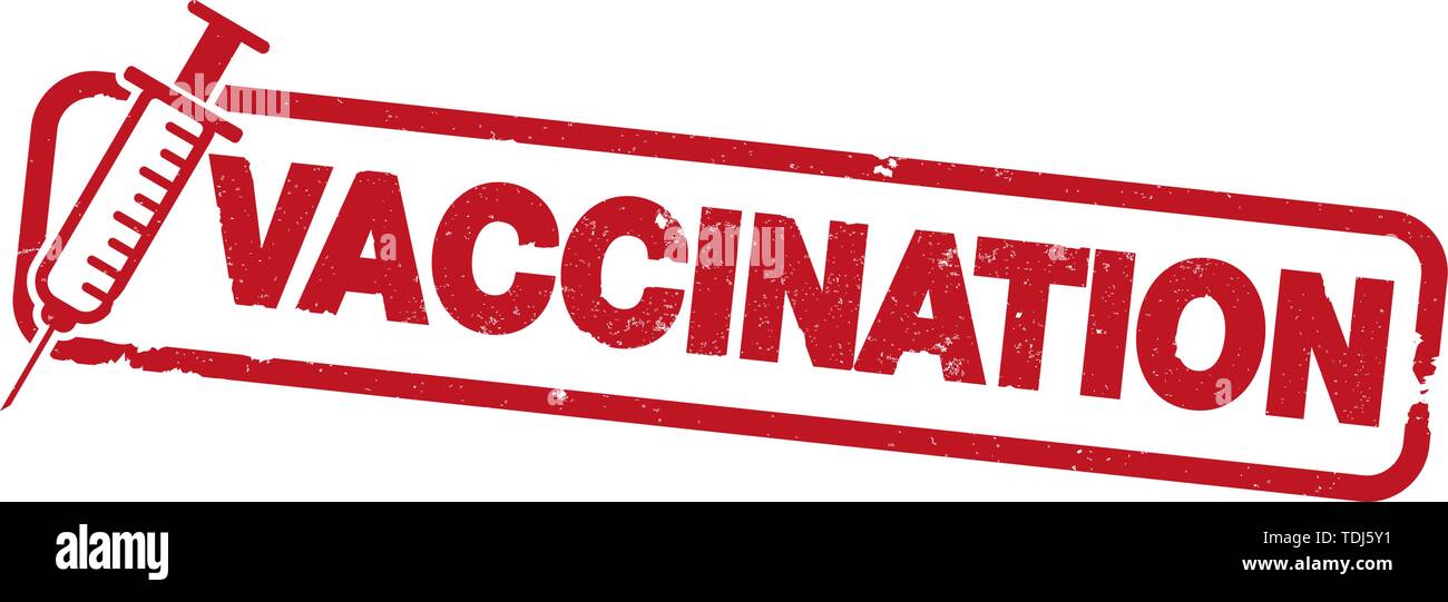 Rosso timbro di gomma stampa con word la vaccinazione e la siringa icona illustrazione vettoriale Illustrazione Vettoriale