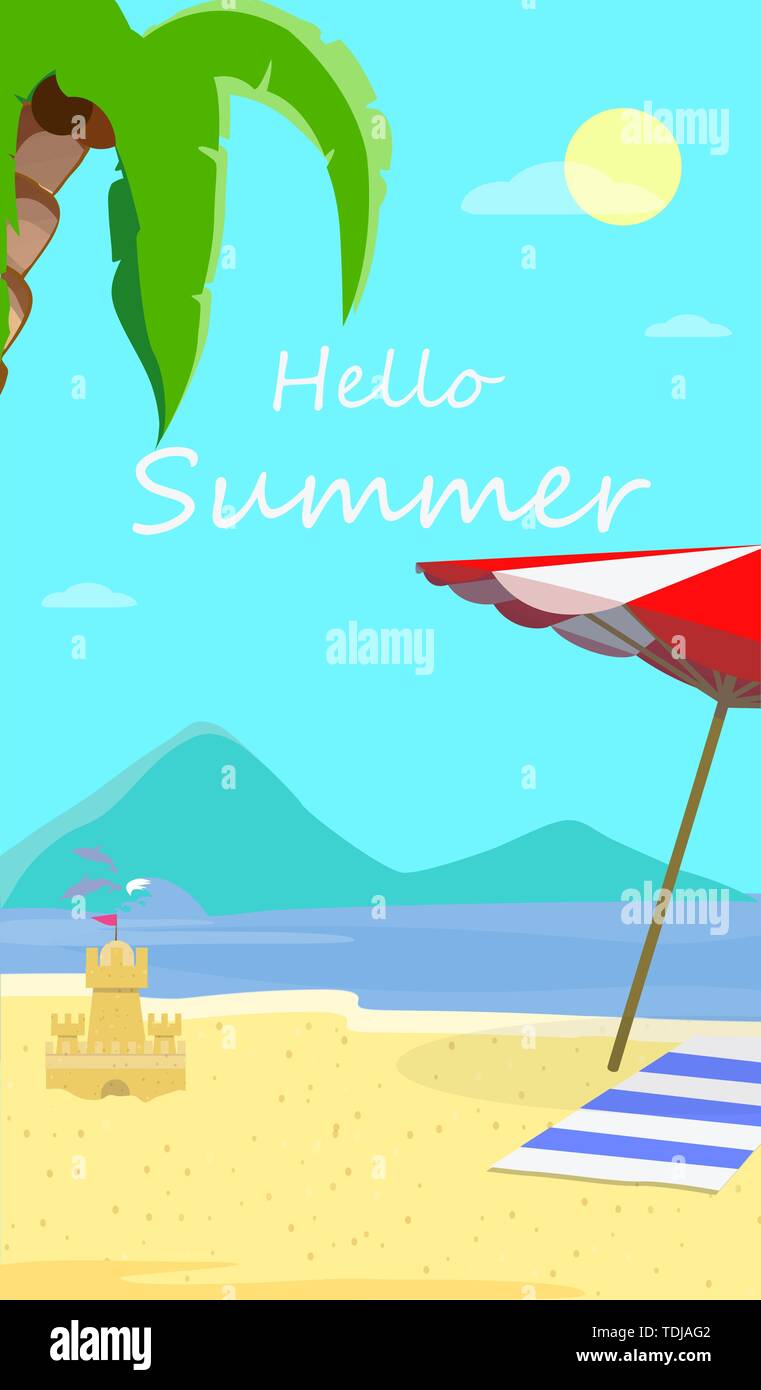 Ciao estate spiaggia sfondo con paesaggi marini, i delfini, ombrellone, asciugamano e castello di sabbia. Viaggiare biglietto di auguri per la stagione estiva Vacanza, Vacanze Illustrazione Vettoriale