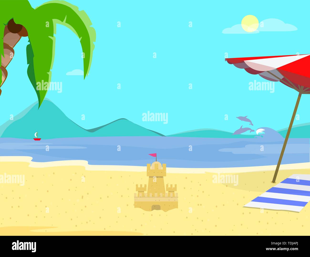 Estate Spiaggia Sfondo, giorno tempo vuoto paesaggio, mare esotici con castello di sabbia, Resort Costa Seascape, Palm Tree, delfini, nave a vela, Sandy Sh Illustrazione Vettoriale