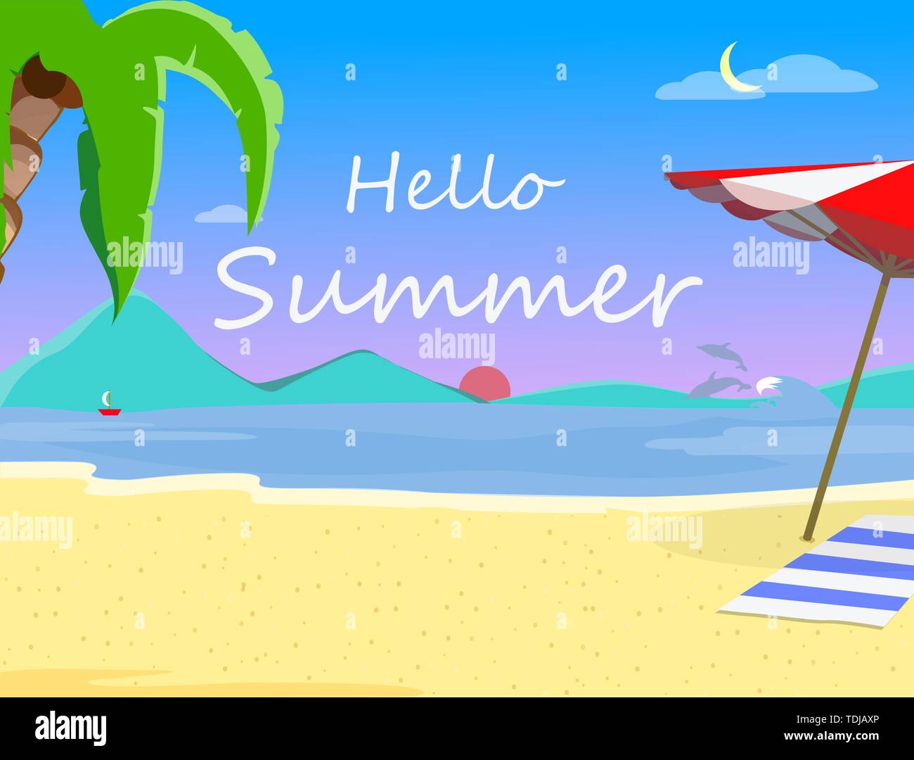 Sfondo di spiaggia con CIAO Estate Tipografia, di sera o di mattina tempo paesaggio, mare esotici al tramonto, Sunrise, Resort Costa Seascape con Palm Illustrazione Vettoriale