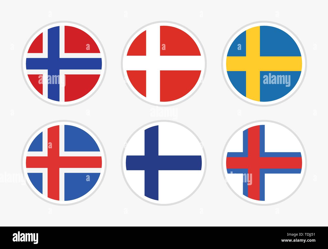 Bandiere del Nord Europa, Scandinavia, Set di vettore round icona illustrazione su sfondo bianco. Illustrazione Vettoriale