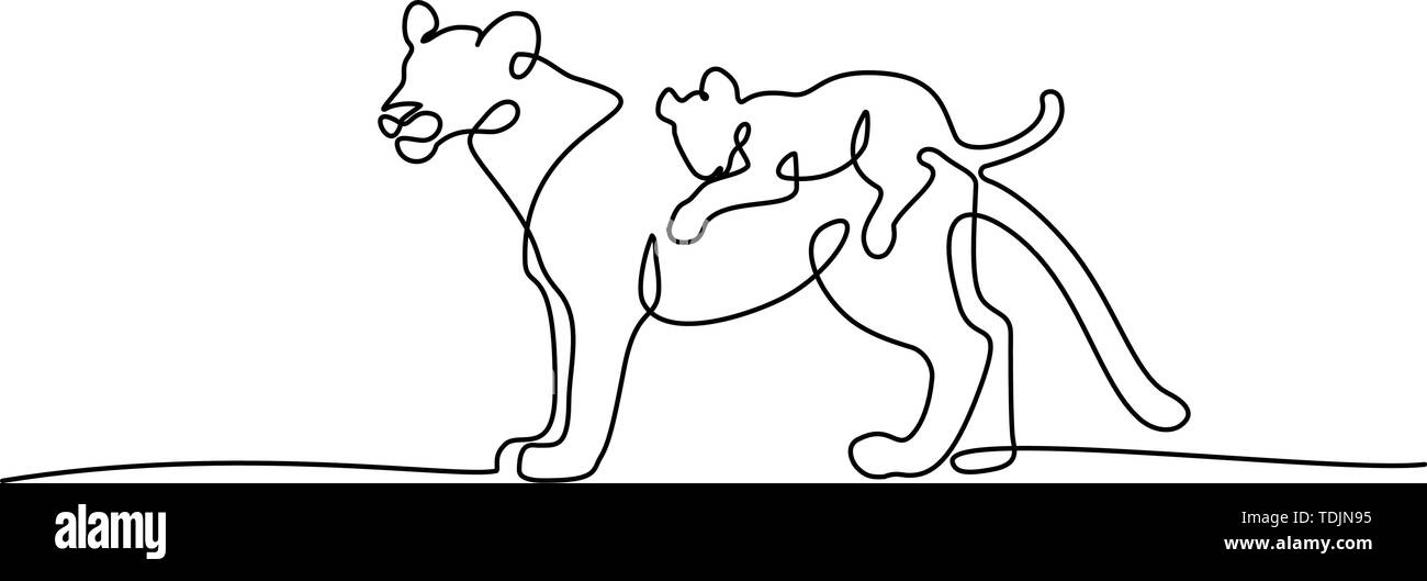 Continuo di un disegno della linea. Giovane leonessa con LION CUB. Illustrazione Vettoriale Illustrazione Vettoriale