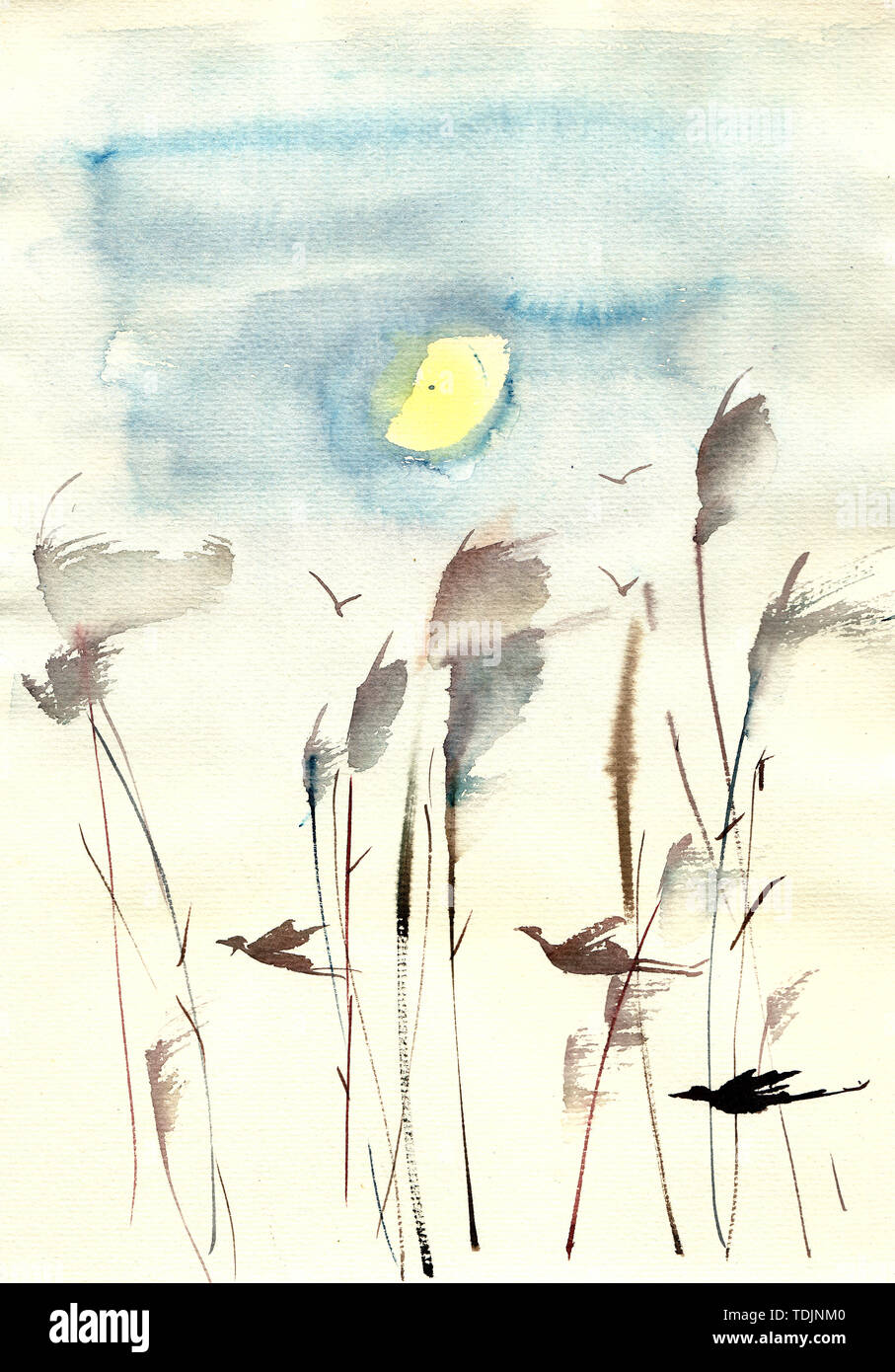 Tramonto sul lago di notte di luna luna di post-incandescenza bordo acqua reed parete di sfondo lago tramonto design di sfondo di paesaggio naturale acquerello cinese pittura dipinta a mano Foto Stock
