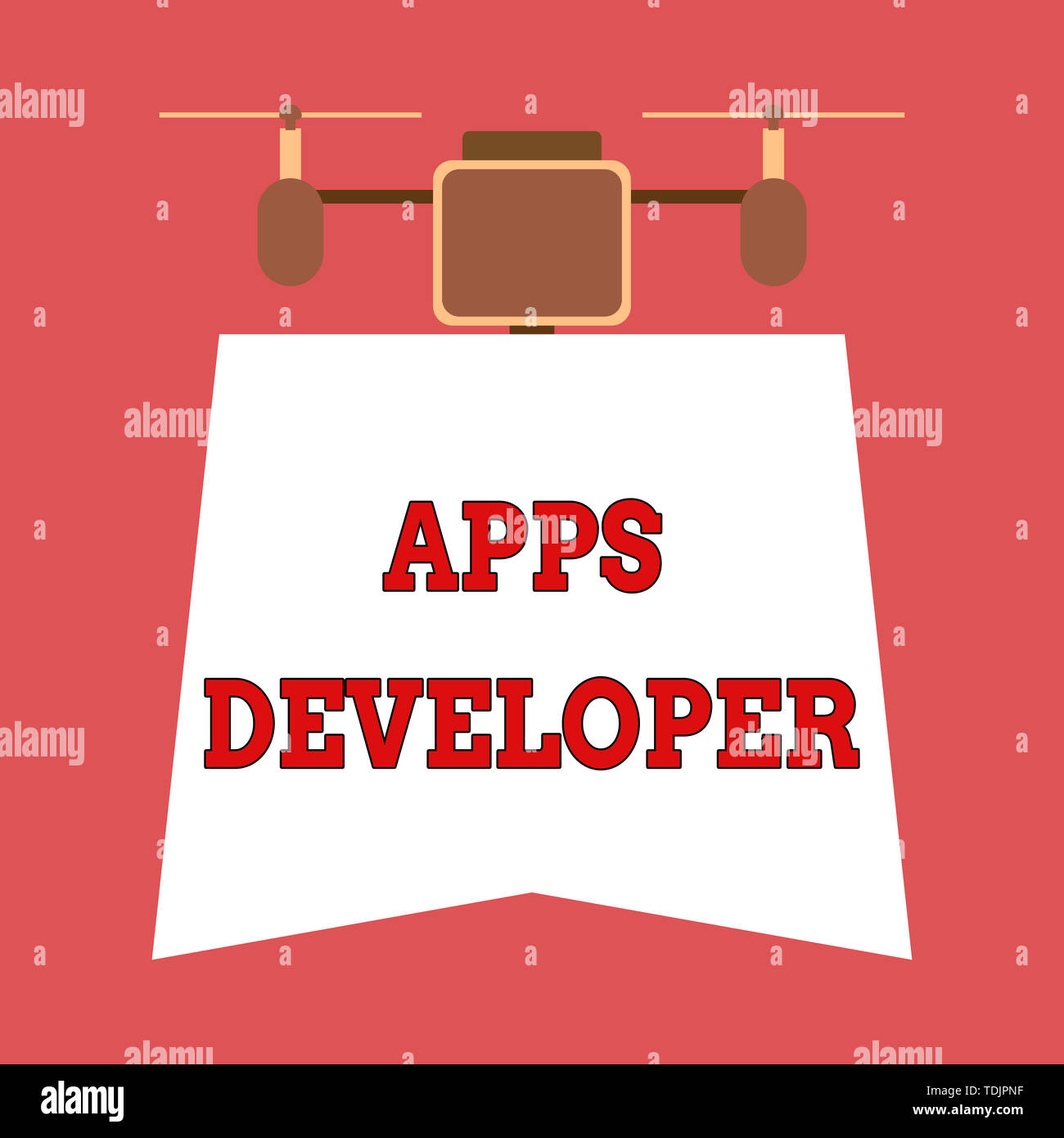 La scrittura della nota che mostra le applicazioni dello sviluppatore. Il concetto di business per artista grafico programmatore software e gli esperti analisti Drone tenendo premuto verso il basso banner. Geome Foto Stock