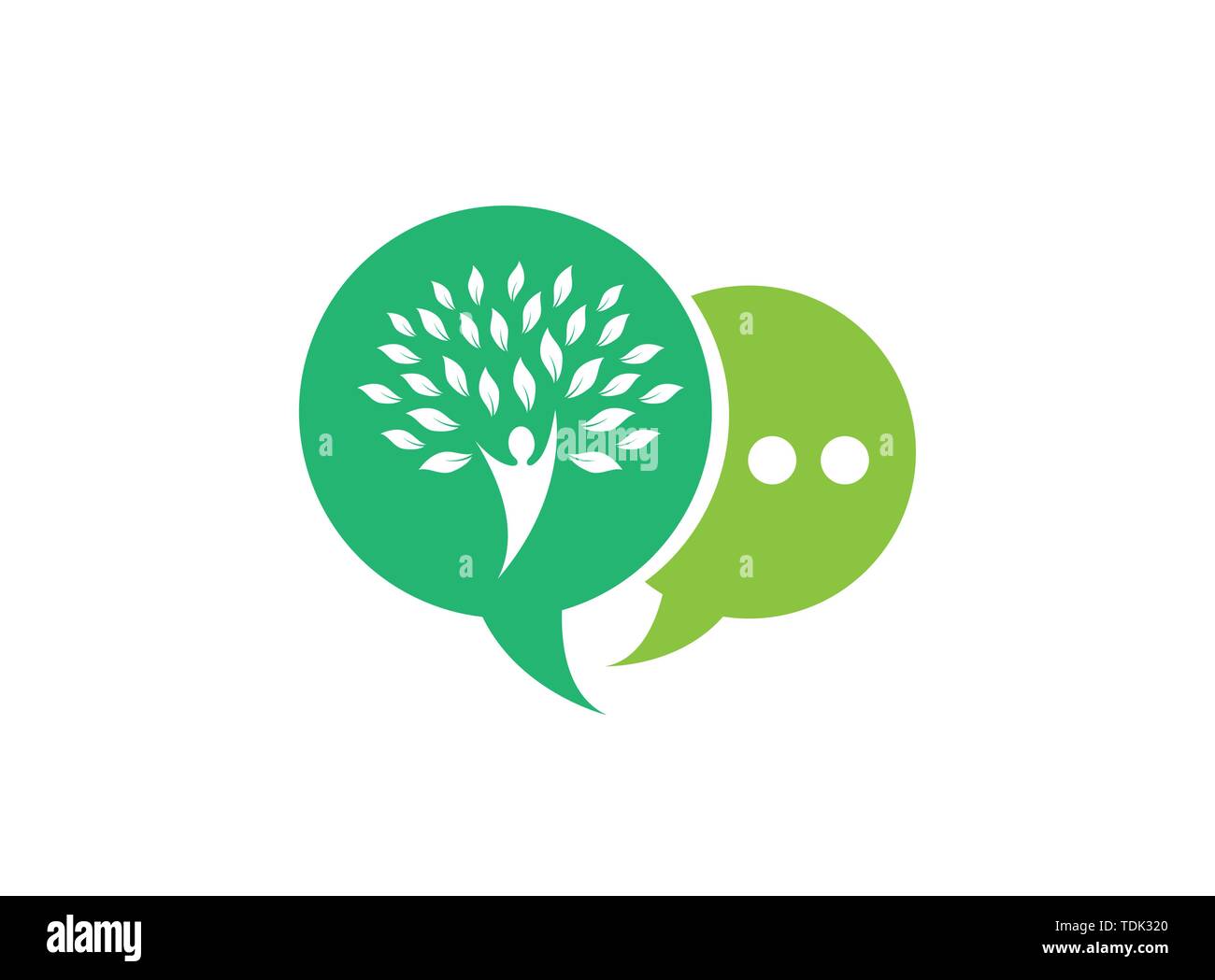 Tronco di albero con testa e foglie verdi logo design illustrazione nell'icona chat Illustrazione Vettoriale