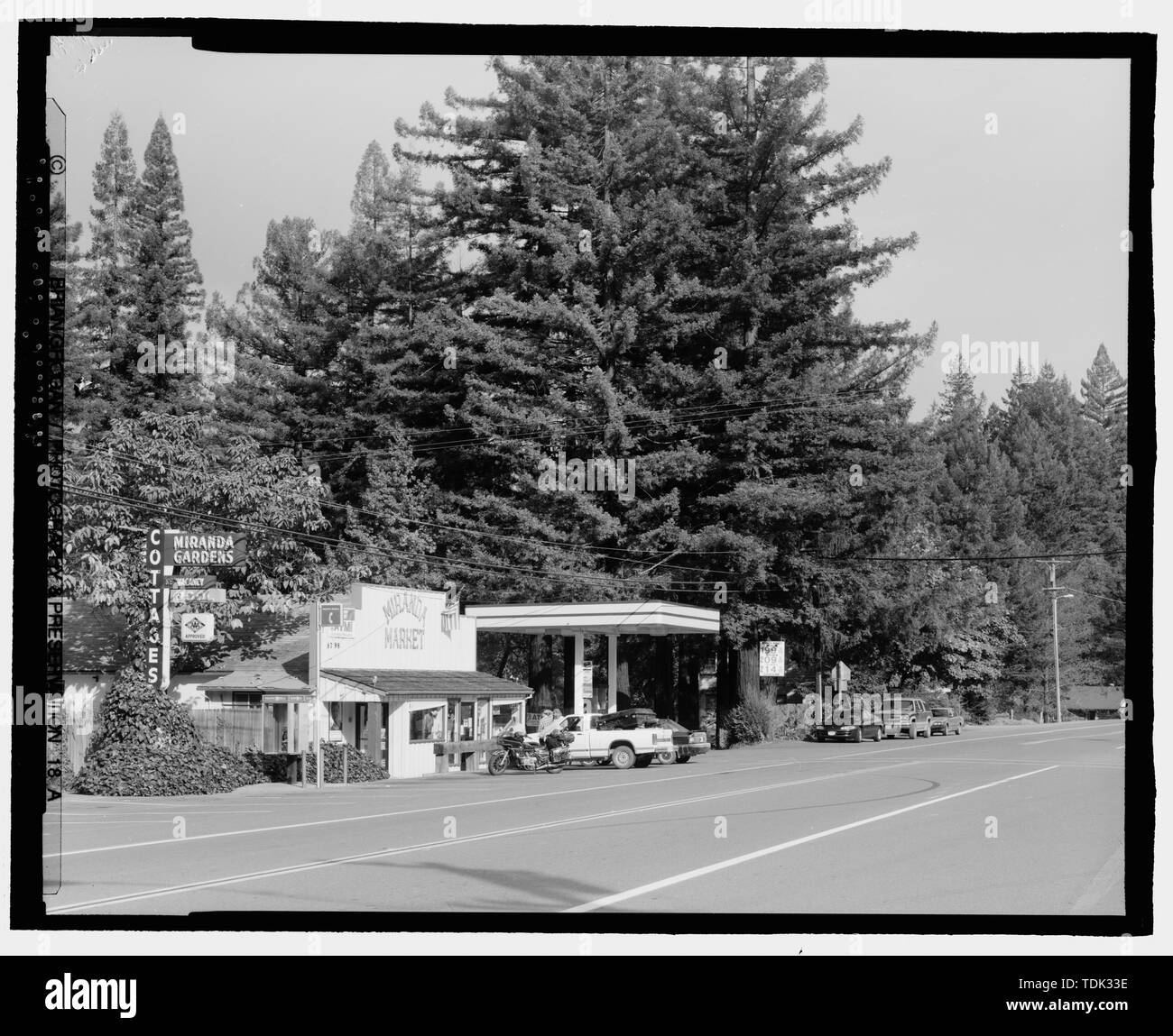 Vecchia strada statale 101 e vista su strada. MIRANDA, HUMBOLDT County, California. Cerca NW. - Redwood National e parchi statali strade, costa della California da Crescent City a Trinidad, Crescent City, Del Norte County, CA Foto Stock