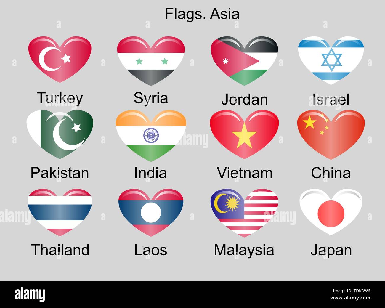 Bandiere di paesi asiatici. La Turchia, Pakistan, Siria, India, Cina, Giappone, Laos, Tailandia, Israele e altri. Illustrazione Vettoriale