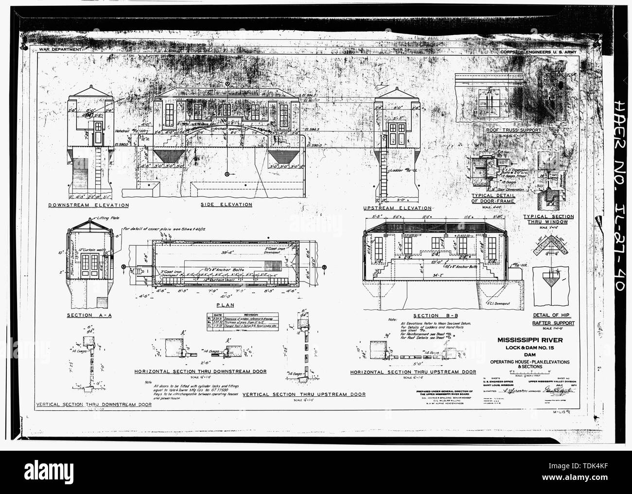 Casa operativo-piano, rialzi e sezioni. Luglio 1931 - Mississippi River 9 piedi Progetto di canale, bloccare e diga n. 15, superiore del fiume Mississipi (Arsenal Island), Isola Rock, rock Island County, IL; U.S. Esercito di ingegneri; S.A. Healy Company; Merrit-Chapman-Whitney Corporation; Ylvisaker, Lenvik; Piel, John H; McCormick, Herbert Foto Stock