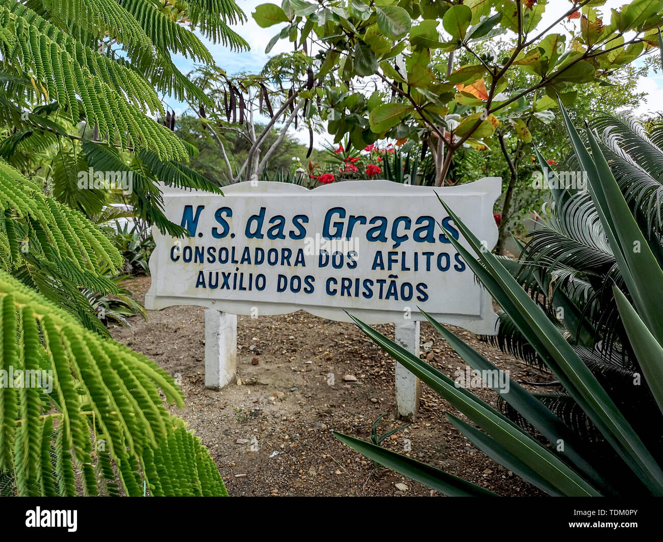 Gravatá, Serra das Russas, BR-232, Pernambuco, Brasile - Giugno, 2019: bellissima statua della Madonna della Grazia Maria Vergine, circondato da fiori. Foto Stock