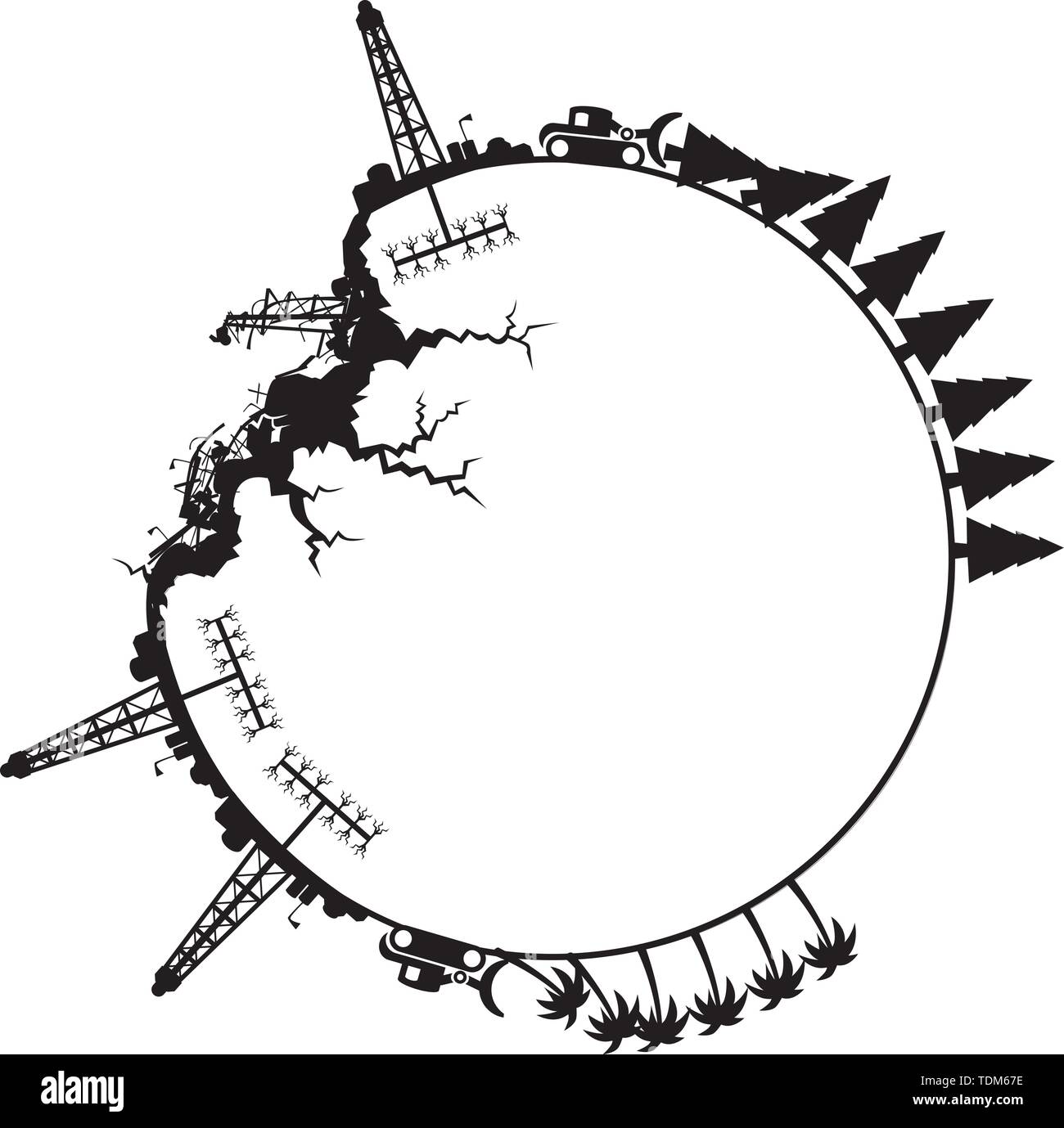 Controverso Fracking attrezzatura di trivella provoca danni per l'ambiente - Carta intaglio EPS10 Illustrazione Vettoriale