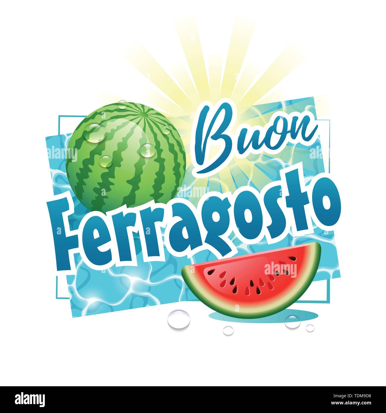 Buon Ferragosto. Felici vacanze estive in italiano. Italian festival estivo del concetto con cocomero, sole e gocce di acqua su un soleggiato della superficie dell'acqua. Vect Illustrazione Vettoriale