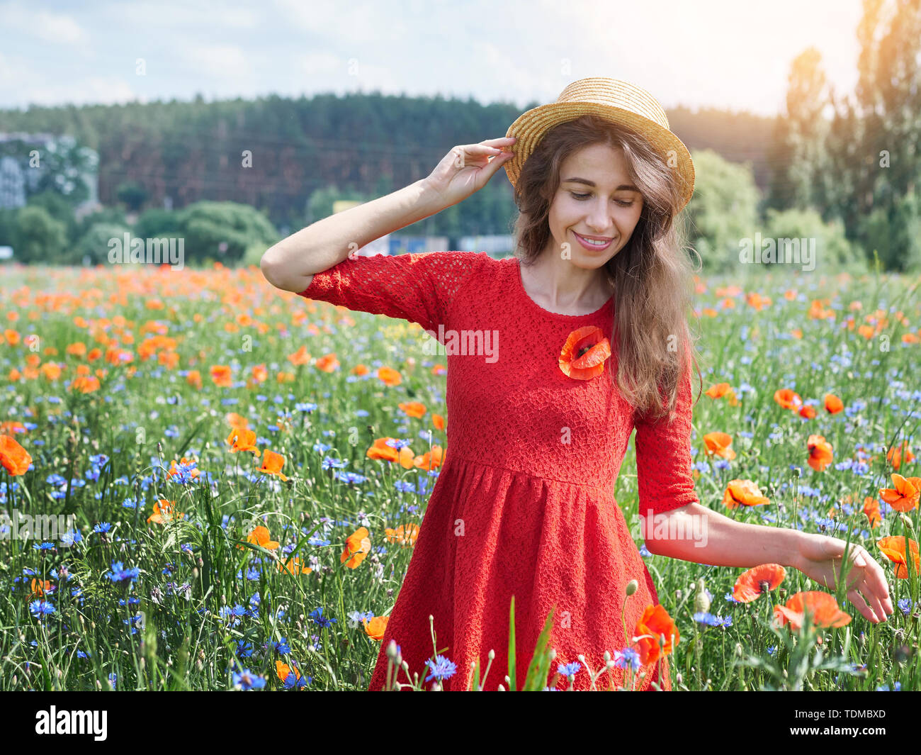 Bella giovane donna romantica nel cappello di paglia sul papavero di campo dei fiori che pongono sullo sfondo l'estate. Indossando cappello di paglia. Colori tenui Foto Stock