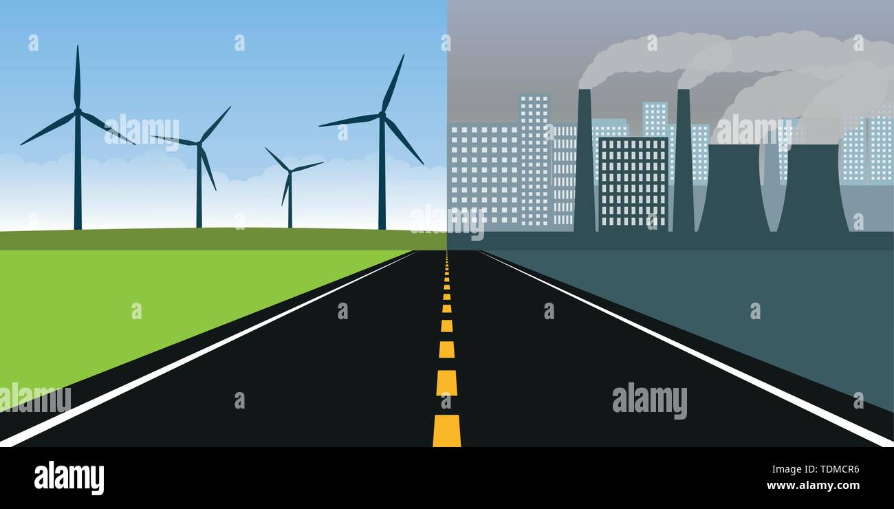 Strada verso la città con l'inquinamento da industria e natura pulita con energia di vento illustrazione vettoriale EPS10 Illustrazione Vettoriale