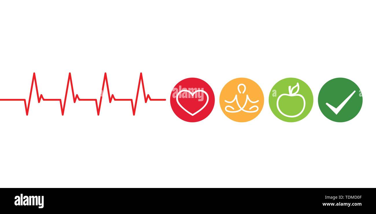 Uno stile di vita sano concetto cardiologia con cuore lo yoga e mela verde illustrazione vettoriale EPS10 Illustrazione Vettoriale
