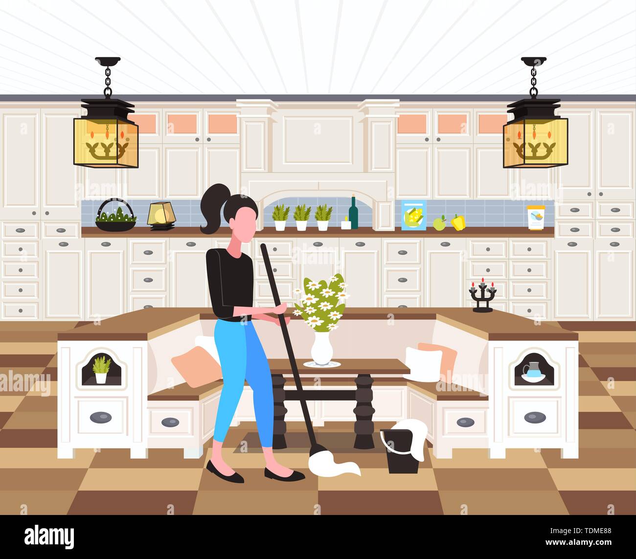 Casalinga pavimento con straccio donna detergente servendosi di mop servizio di pulizia per i lavori domestici nozione moderna cucina interno a piena lunghezza orizzontale piana Illustrazione Vettoriale