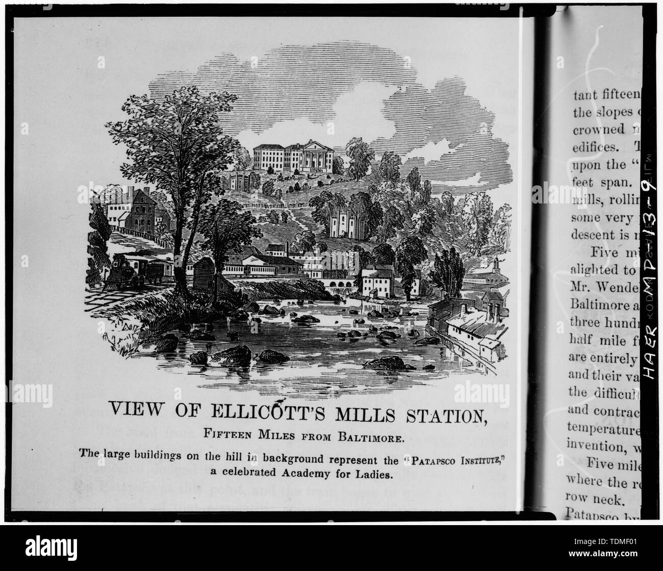 Fotocopia di 'vista di ELLICOTT MULINI DELLA STAZIONE,' DAL LIBRO DI grandi celebrazioni ferroviaria di 1857, parte I - Baltimore e Ohio Railroad, Ellicott mulini della Stazione, lato sud della Strada Statale Route 144, Ellicott City, Howard County, MD Foto Stock