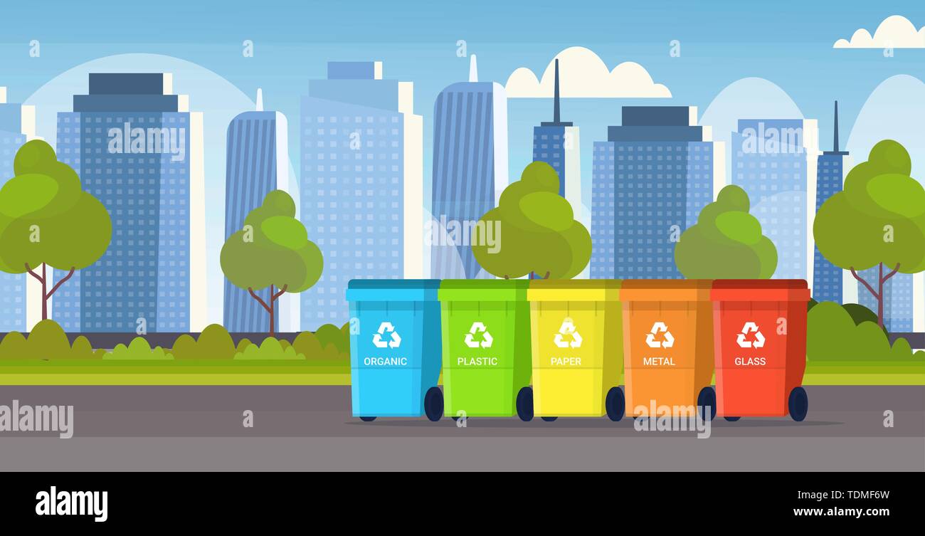 I contenitori della spazzatura diversi tipi di cassonetti per il riciclaggio dei rifiuti segregare la cernita di gestione protezione ambiente moderno concetto cityscape sfondo Illustrazione Vettoriale