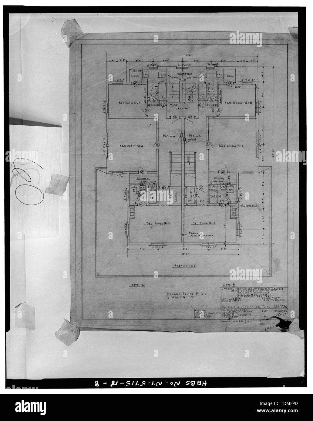 Fotocopia di disegni di costruzione di -20, U.S. COAST GUARD SUPPORT CENTER, STRUTTURE DIVISIONE ENGINEERING, NEW YORK, proposte di modifica al secondo piano piano, disegnato da J. RAYFIELD, Agosto 1936 - Governors Island, quarti n. 20, il porto di New York, Nolan Park, New York New York County, NY Foto Stock