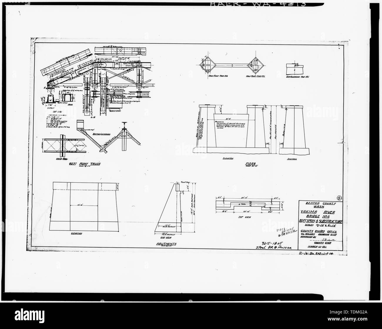 Fotocopia del disegno originale, n. 3 di 3, 11 marzo 1911 - Grant Avenue bridge spanning Yakima River al Grant Avenue, Prosser, Benton County, WA; Maloney, D C; Yearby, Jean P, trasmettitore; Kukas, Roger, fotografo Foto Stock