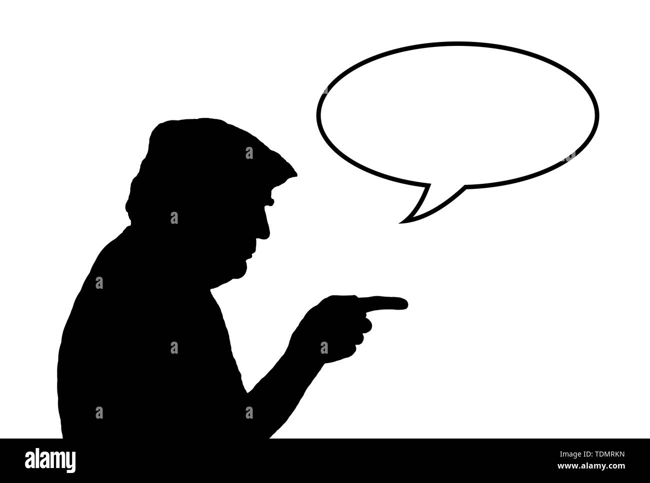 Illustrazione della silhouette di Stati Uniti d'America presidente americano Donald Trump dispositivo di puntamento con un vuoto discorso bolla (word palloncino) per il testo. Copyspace. Copia dello spazio. Foto Stock