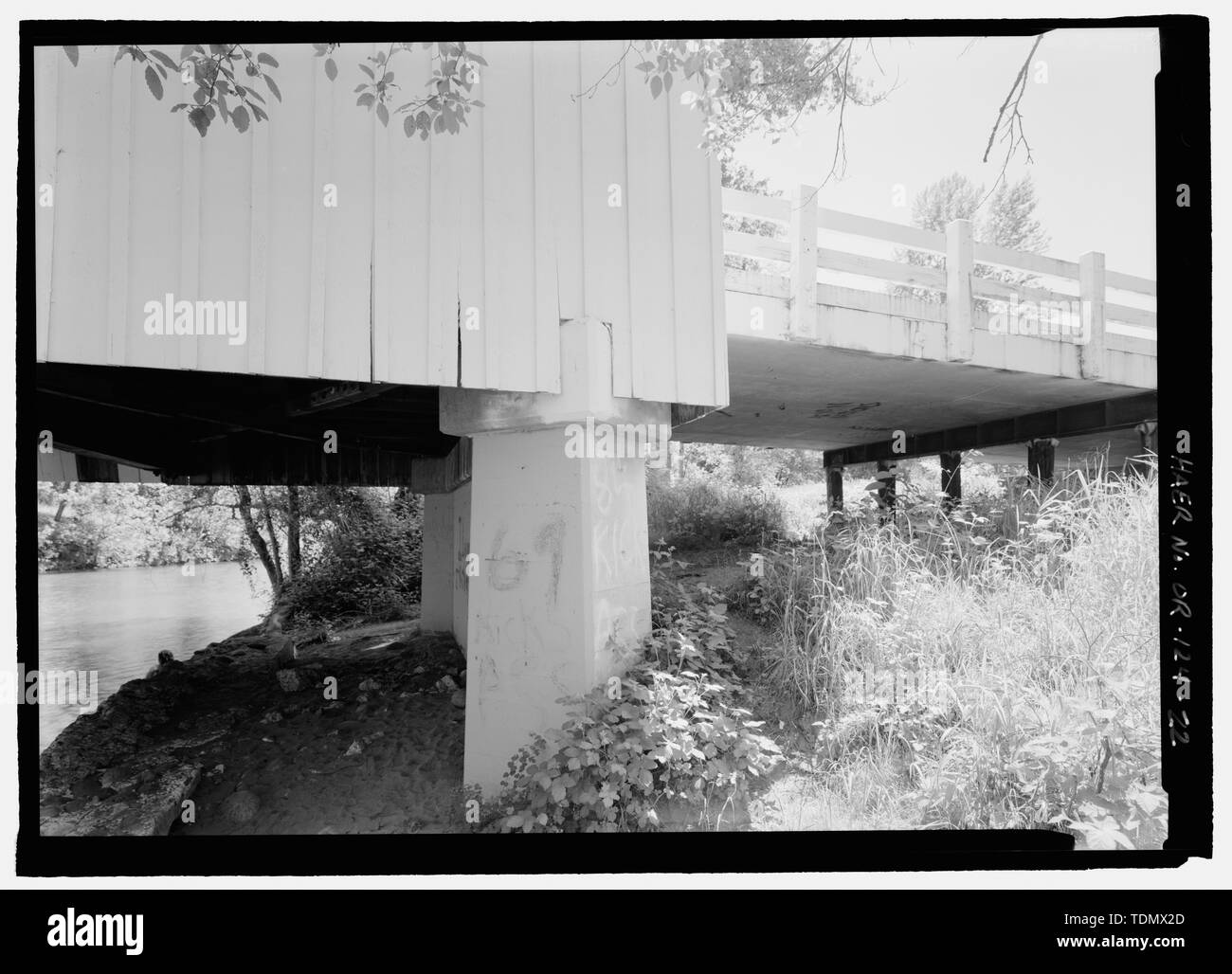 PIER DETTAGLIO, spalla sud; avviso calcestruzzo e acciaio approccio - Larwood bridge spanning Crabtree Creek, Fish Hatchery Road (CR 648), Lacomb, Linn County, o Foto Stock