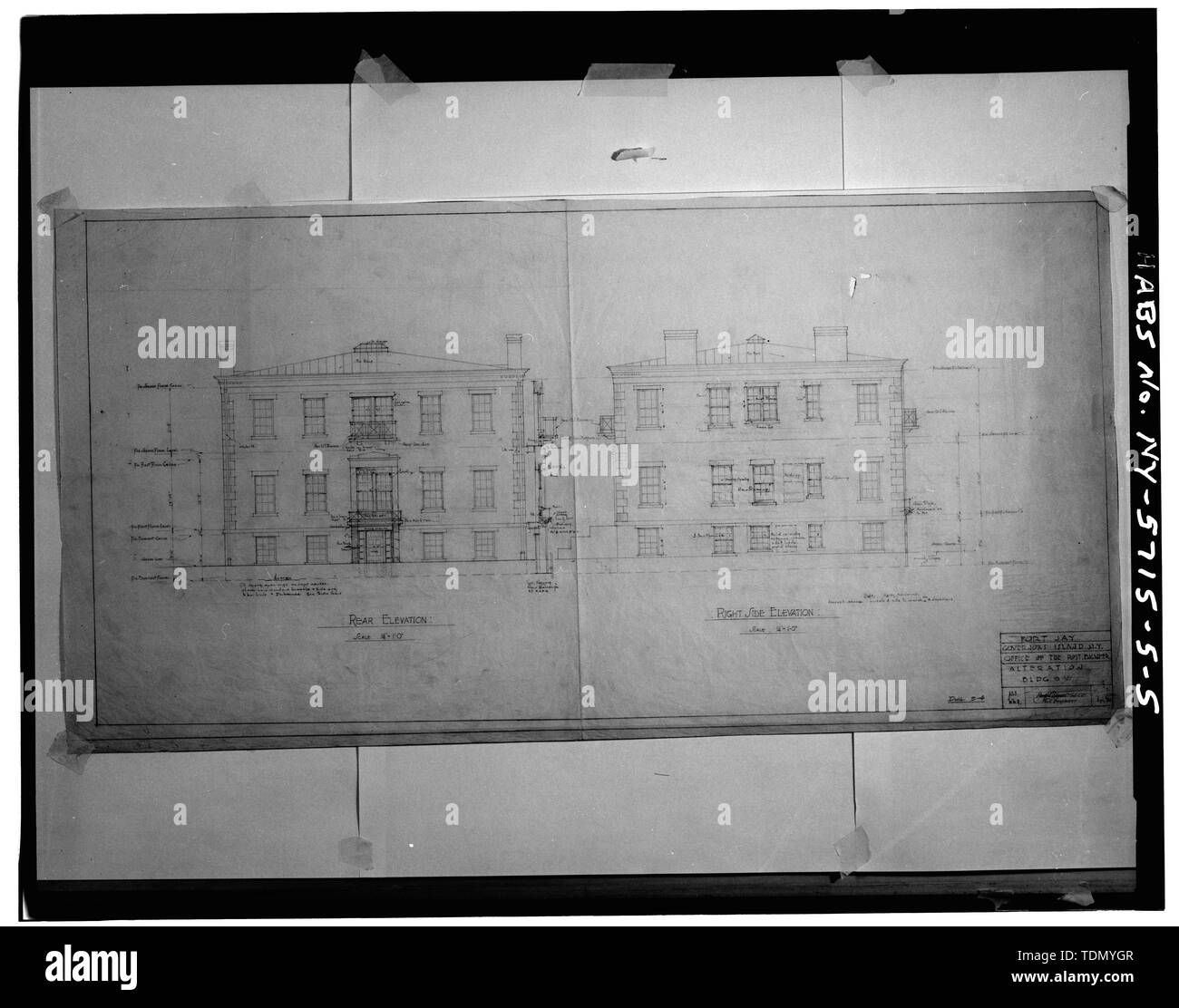 Piano di modifiche al posteriore e destra viste in elevazione laterale (FOTOCOPIA DEL DISEGNO) - Governors Island, Post Ospedale, il porto di New York, Nolan parco vicino Barry Road, New York New York County, NY Foto Stock