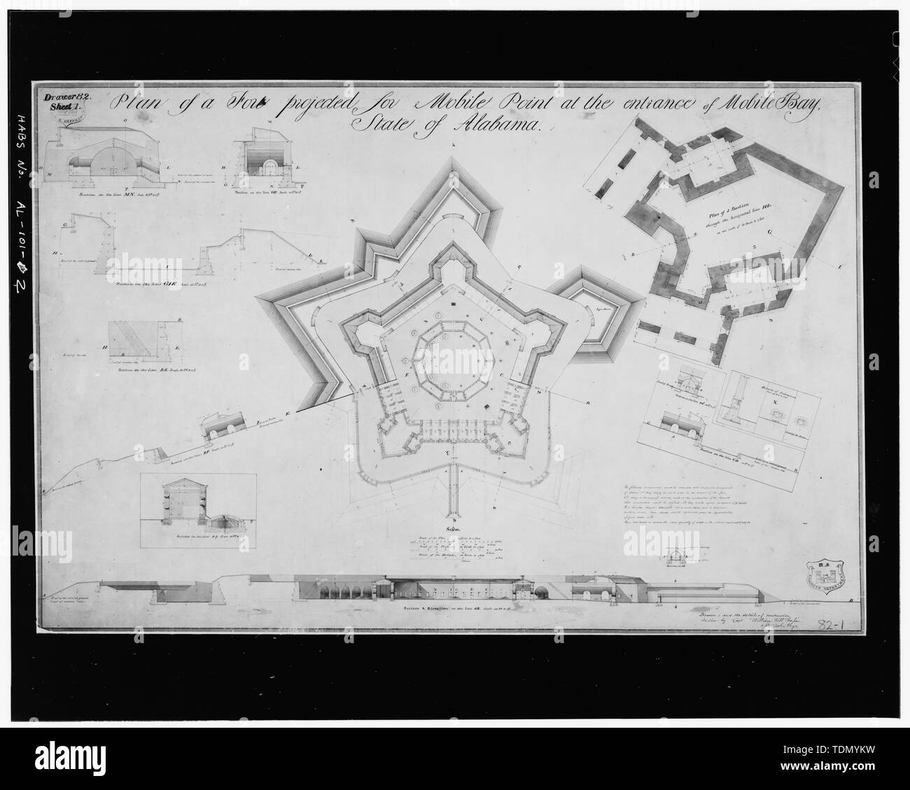 Piano di Fort, sezioni, e il piano del bastione, n.d. - Fort Morgan, Gulf Shores, Baldwin County, AL Foto Stock