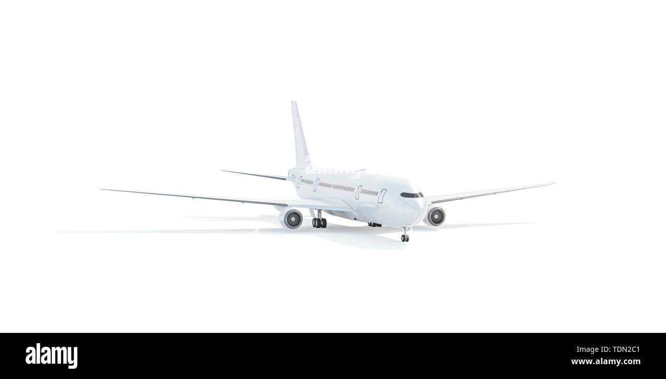 Bianco vuoto aereo mockup stand, vista frontale isolato, rendering 3d. Cancellare plain air trasporto aereo mock up modello, la profondità di campo. Svuotare avia modello jet per il Branding design. Foto Stock