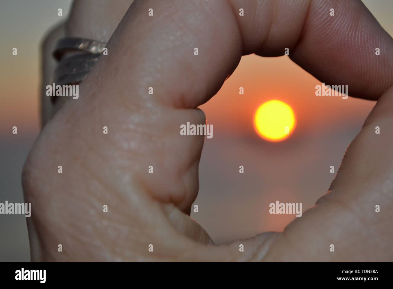 Palm chiuso di un uomo abbraccia il sole che va verso il tramonto Foto Stock