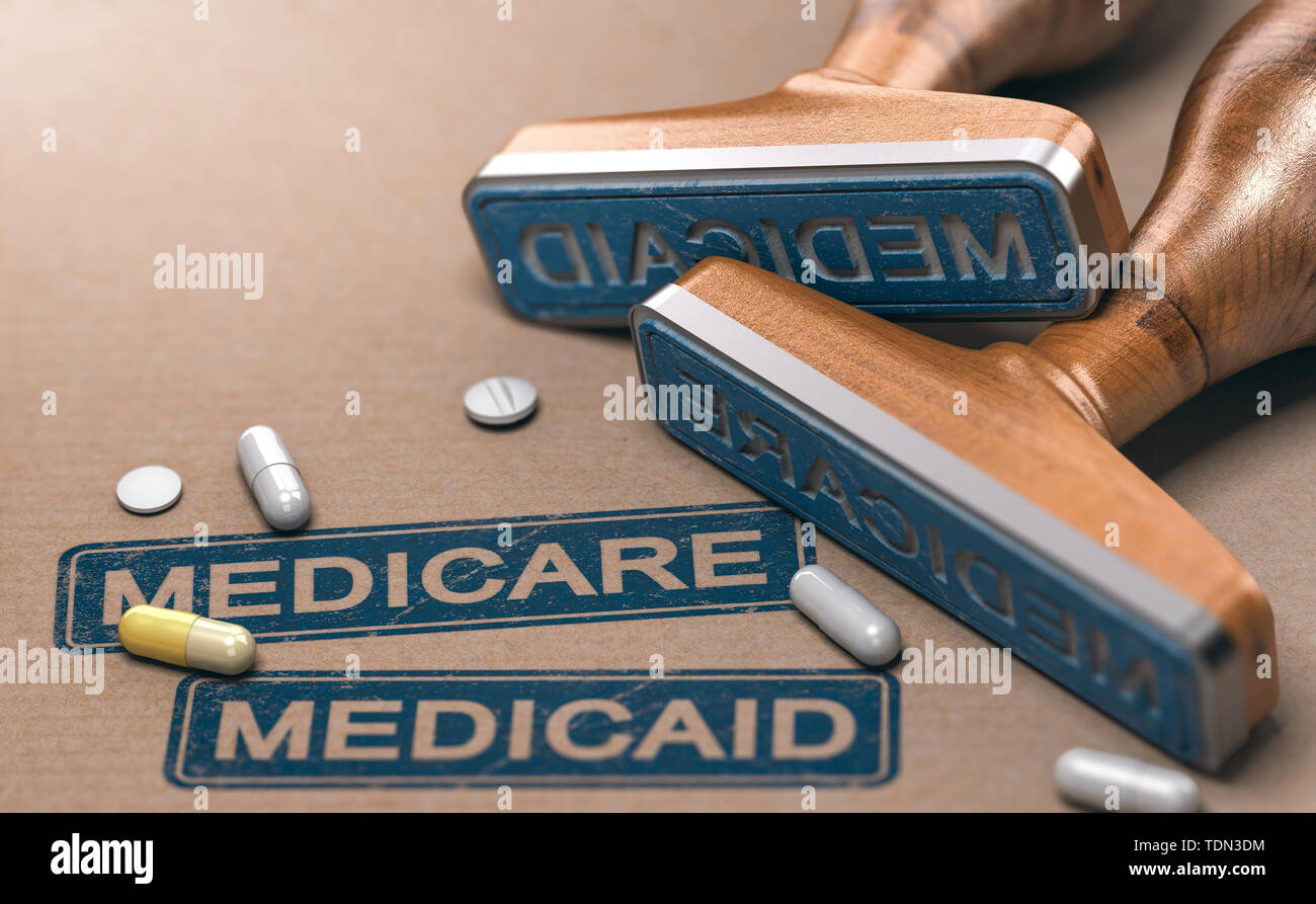 3D'illustrazione di due timbri in gomma con le parole Mercicare e Medicaid su sfondo della carta. Foto Stock
