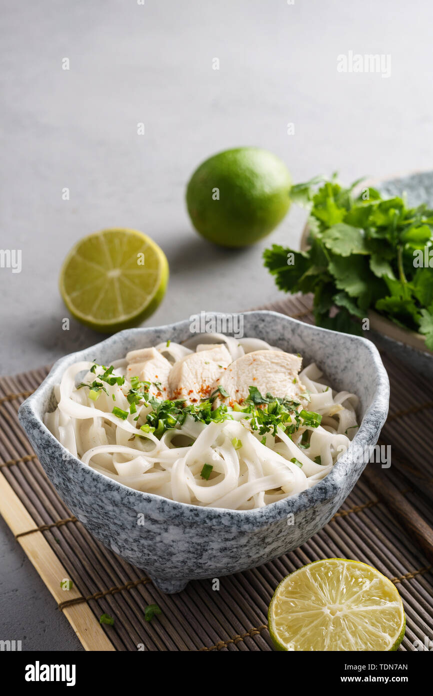 Pho ga, pollo vietnamita di riso zuppa di noodle e ingredienti. Foto Stock