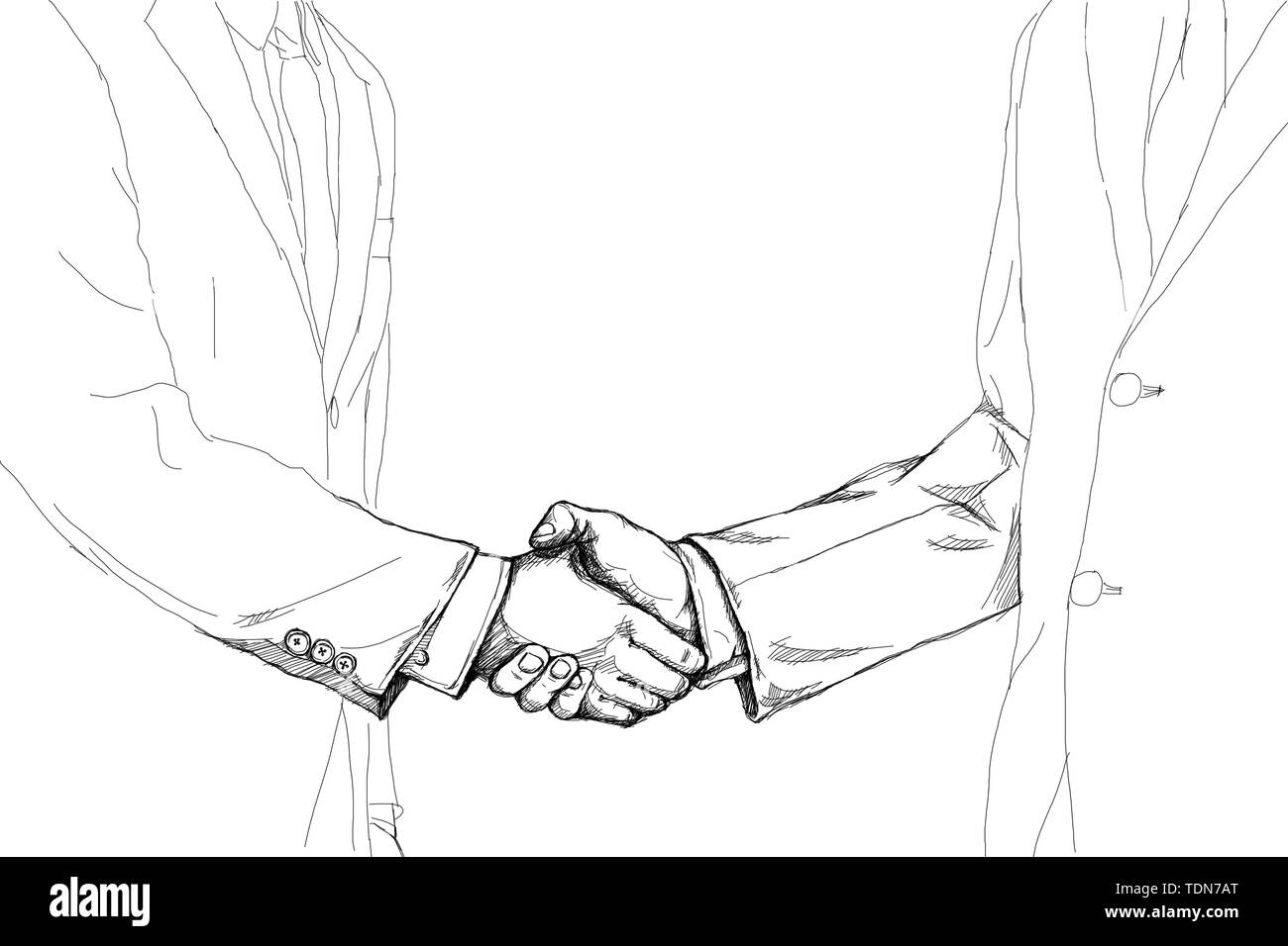 Disegno creativo sketch di due proprietari agitando la mano gli uni con gli altri per fare un affare dopo l'accordo isolati su sfondo bianco Foto Stock